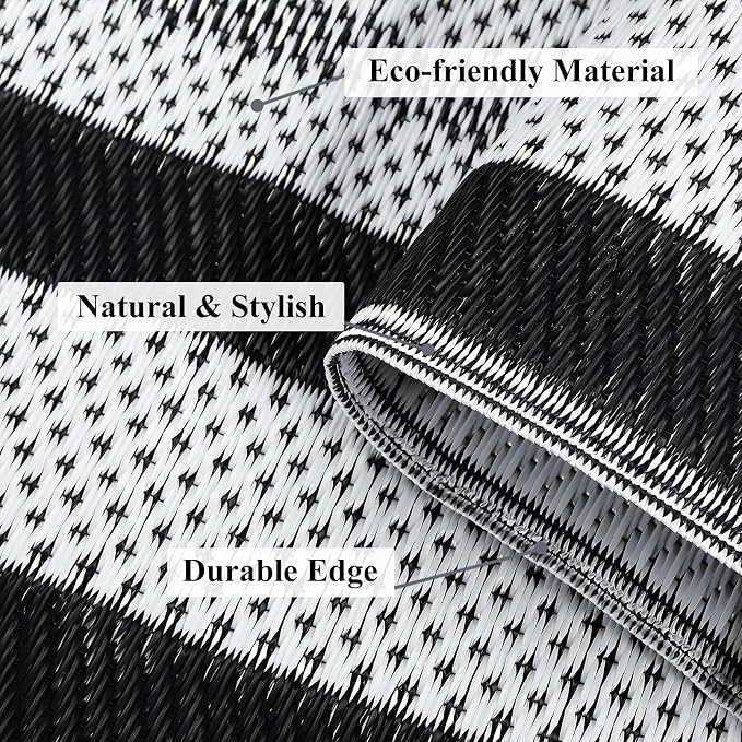 Outdoor Rug 9x18ft Waterproof Reversible Large Modern Black and White Plastic Straw Carpet Lightweight Washable for Patio RV Camping Deck Porch Balcony Backyard Picnic