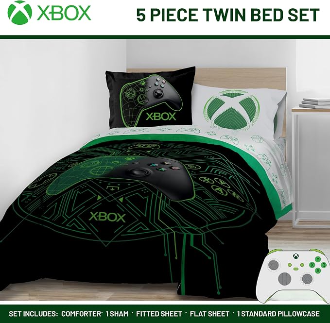 Jay Franco Kids Comforter Set Includes Sheets and Pillow Covers - Soft and Cozy Bed Set for Stylish Room Decor, Official Licensed Product, White - Xbox, 5 Piece Twin