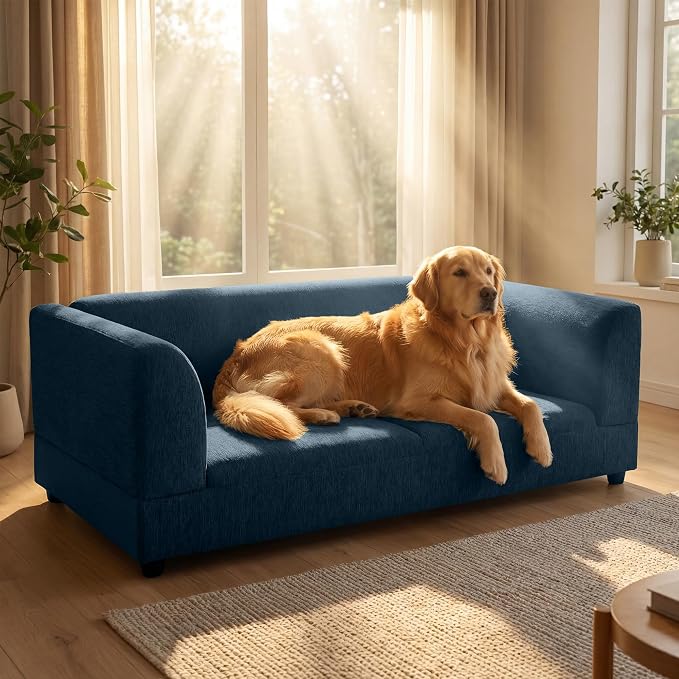 Oversized Dog Sofa Couch for Medium and Large Dogs with Backrest and Armrest, 56.5" Memory Foam Dog Sofa Bed, Modern Elevated Pet Couch Bed with Legs, Blue