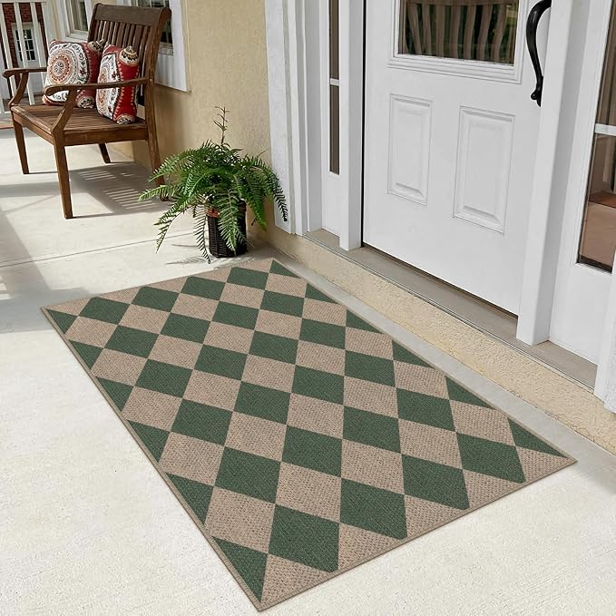 Rugalia Easy Jute Checkered Indoor Outdoor Doormat, 2.6x4 Green Modern Entryway Rug Non-Slip Washable Kitchen Rug, Neutral Farmhouse Diamond Throw Rugs for Entrance Bedroom Porch Patio