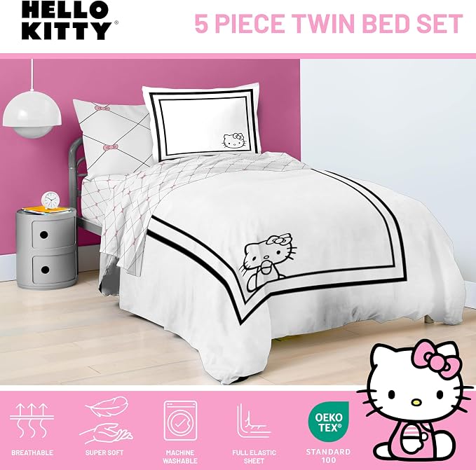 Sanrio Hello Kitty Twin Comforter Set 5 Piece Bedding for Girls, White | Bed in a Bag, Comforter Sheets Sham Pillowcase, Official Product, Soft Microfiber, Machine Washable, Easy Care, Girls Gift