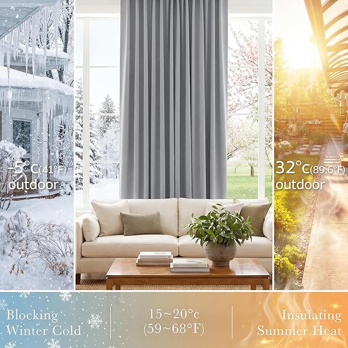 PONY DANCE Blackout Curtain Blinds - 42-inch Wide by 90-inch Long, Silver Grey Thermal Insulated Light Block Back Tab/Rod Pocket Curtains Window Cover Shades for Bedroom Living Room, 2 Panels