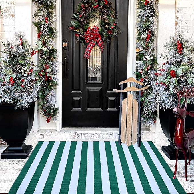 Green and White Striped Outdoor Rug St. Patrick's Day Rug 27.5'' x 43'' Spring Doormat Layered Welcome Mat for Farmhouse Easter Spring Front Porch Entryway Decor