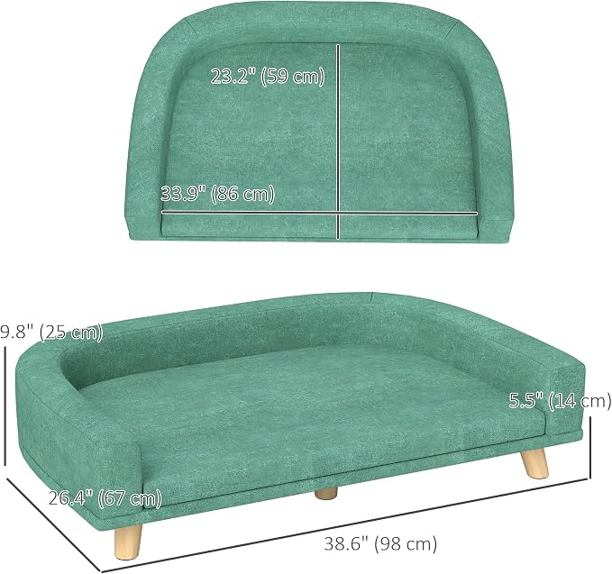 PawHut Dog Sofa Couch, Pet Bed with Comfortable Luxury Cushion, Washable Cover, Wooden Legs, Anti-Slip Mat for Large Dogs, Cats, Kittens, Green
