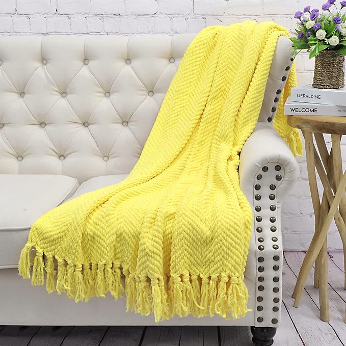 Home Soft Things Yellow Throw Blanket Knitted Tweed Throw 50'' x 60'', Sunshine Yellow, Super Soft Cozy Warm Comfortable Breathable Throw for Living Room Chair Couch Bed Sofa Bedroom Home Décor