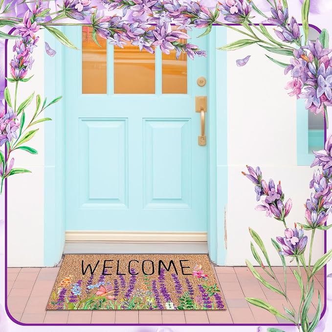 Ceenna Spring Doormat Outdoor Lavender Butterfly Flower Welcome Coir Doormat Spring Front Door Mat with Non Slip Backing Purple Flower Outside Mat Front Porch Rugs for Home Entrance, 16 x 28 Inches