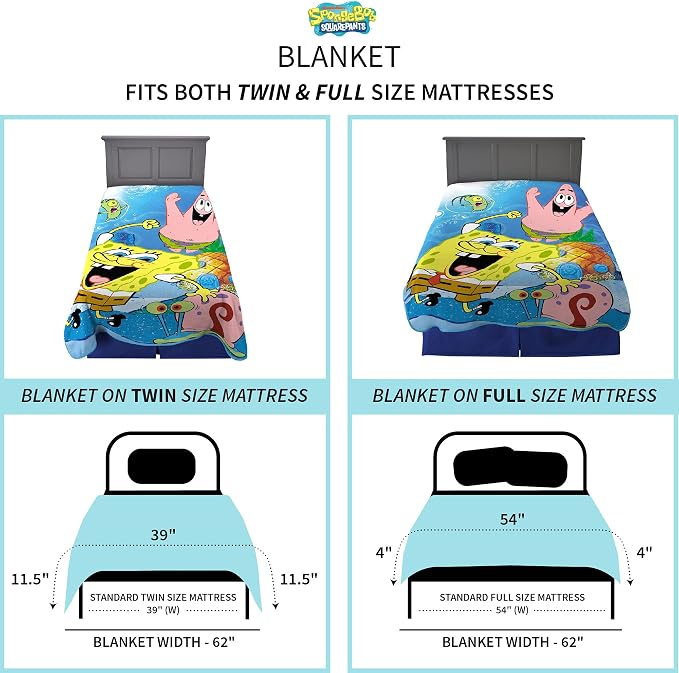 Franco Kids Bedding Super Soft Plush Micro Raschel Blanket, 62 in x 90 in, Spongebob Squarepants, Multicolour, Prints May Vary