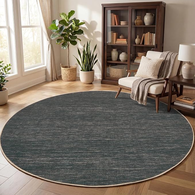 GarveeHome Easy Jute 6ft Washable Round Rug Large Solid Bedroom Area Rugs | Modern Non Slip Living Room Circle Rugs Dining Room Throw Carpet Indoor Round Rugs for Kitchen Nursery Entryway, Grey