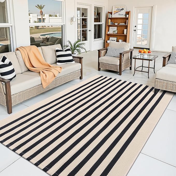 OLANLY Beige and Black Striped Rug 3' x 5' – Washable Cotton Doormat for Indoor Outdoor Use, Layered Front Porch Rug for Entryway, Kitchen, Patio