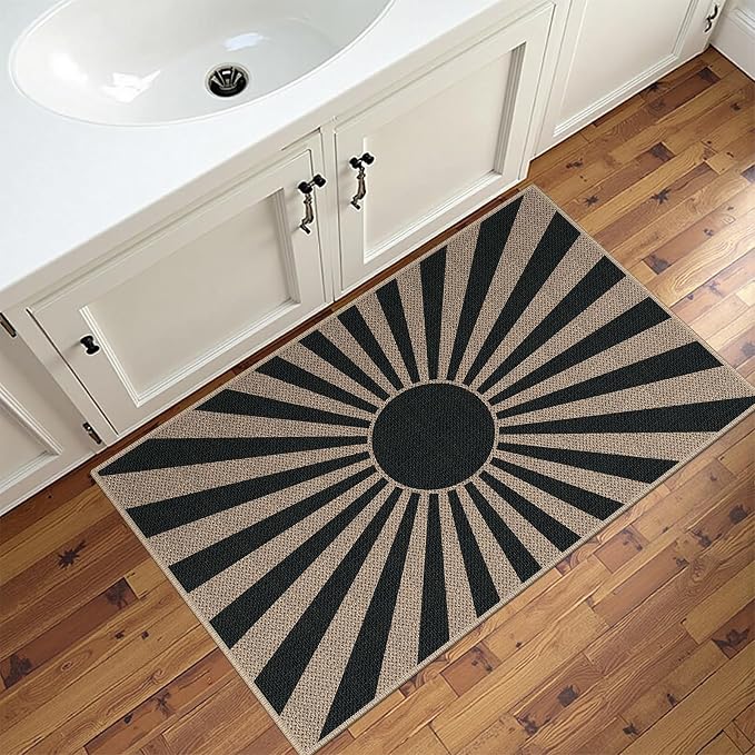 Easy Jute 2x3 Black Sun Area Rug,Washable Boho Entryway Rug, Small Modern Door Carpet,Neutral Non-Slip Outdoor Indoor Farmhouse Rug for Kitchen Patio Entry Porch