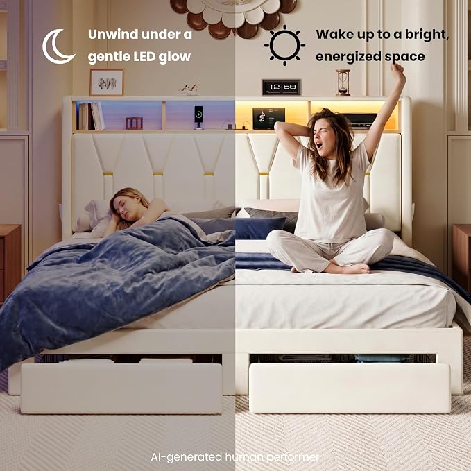 SHA CERLIN Velvet King Platform Bed Frame with 2 Storage Drawers, LED Storage Headboard with Charging Station, Wingback Upholstered, Noise Free, No Box Spring Needed, Easy Assembly, White