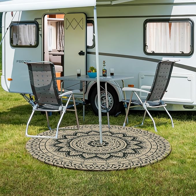 Faux Jute Outdoor Round Rug, 5ft Washable Indoor Outdoor Patio Rug, Black Non Slip Round Area Rug Farmhouse, Boho Carpet for Backyard Patio