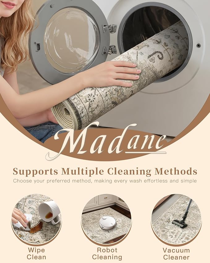 Madane Runner Rug 2'6''x8' Kitchen Runner, Hallway Runner Printed Vintage Washable Rugs Soft Non-Slip Low Pile Runners for Hallways Laundry Room Rug Distressed Rug, Ivory/Brown