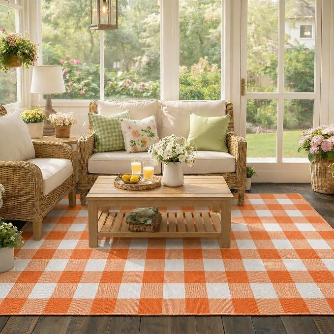 27.5"x43" Outdoor Rug, Orange and White Front Door Mat, Cotton Woven Entryway Rug, Washable Layering Rug for Front Porch Fall Outdoor Decor