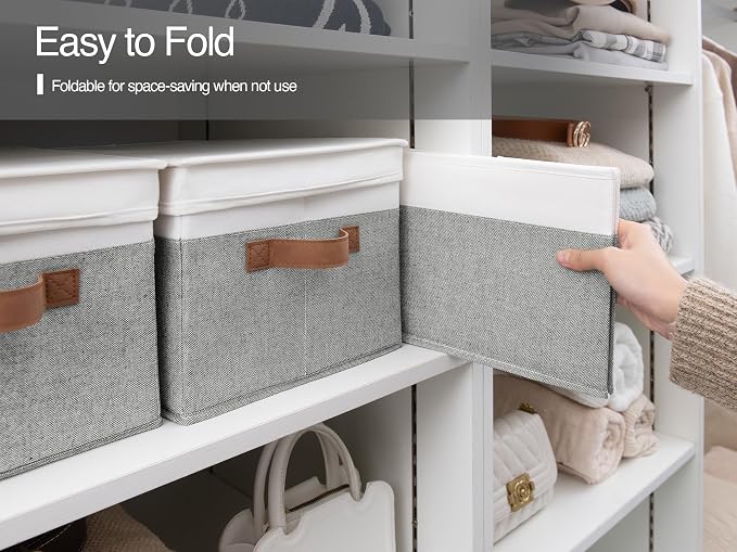 StorageWorks Fabric Storage Bins with Lids, Decorative Storage Bins with PU Handles, Foldable Storage Baskets for Closet, Shelves, Stackable and Sturdy Organization, Gray and White, Large, 3-Pack