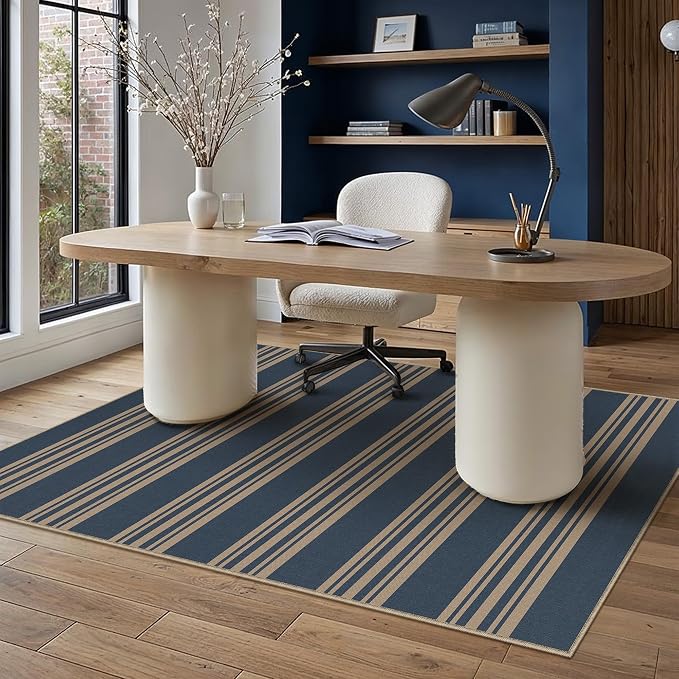 PureCozy Striped Easy Jute Rug 3x5 Blue Entryway Carpet Washable Non Slip Office Door Mat Farmhouse Neutral Non Shedding Small Indoor Outdoor Rug for Bathroom Kitchen Bedroom Living Room
