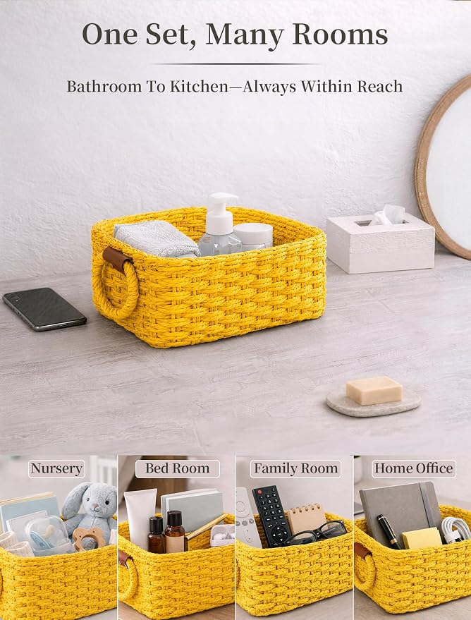 Small Wicker Baskets, 3 PCS Paper Rope Baskets for Shelves, Yellow | Recycled Small Baskets, 3 Sizes Woven Baskets for Organizing, Decorative Storage Baskets for Bedroom and Bathroom