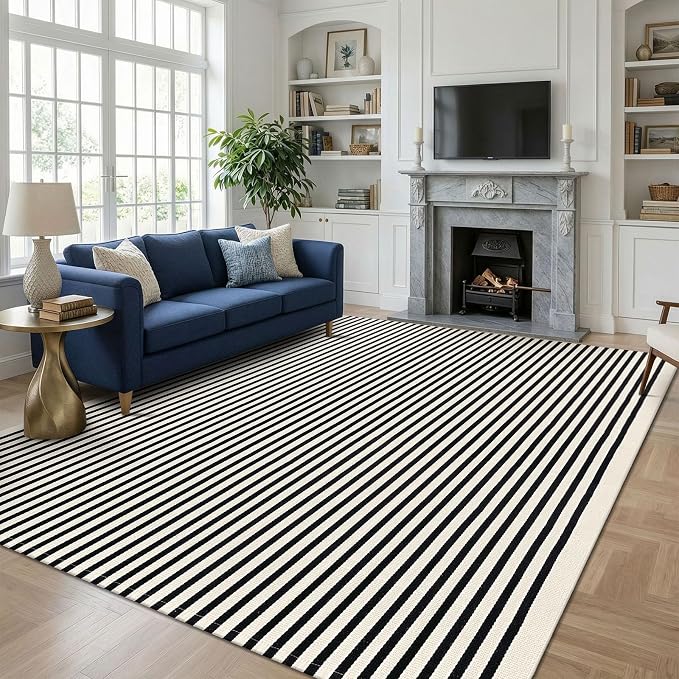 KOZYFLY Beige and Black Rug 8x10 ft Area Rug Woven Washable Striped Cotton Farmhouse Indoor Outdoor Rugs for Living Room Bedroom Porch Patio Dining Room Carpet