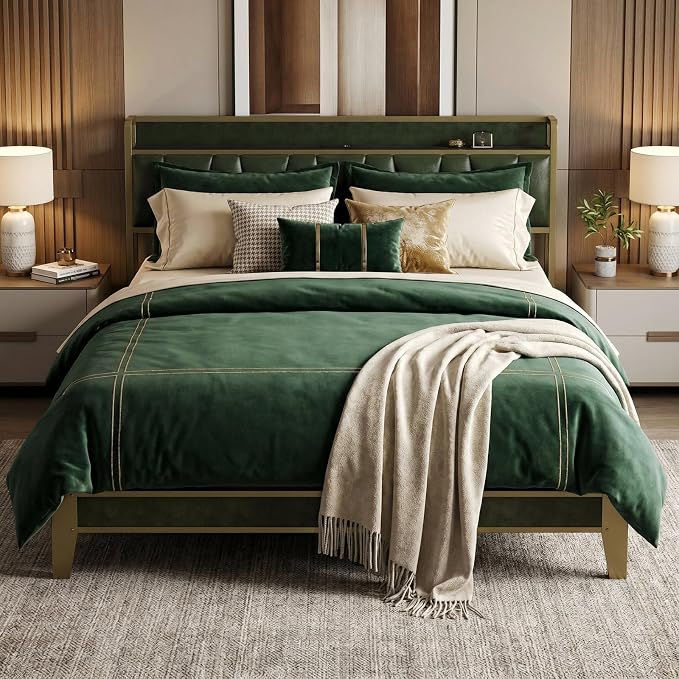 LIKIMIO California King Bed Frame, Storage Headboard with Charging Station, Solid and Stable, Noise Free, No Box Spring Needed, Easy Assembly (Dark Green)