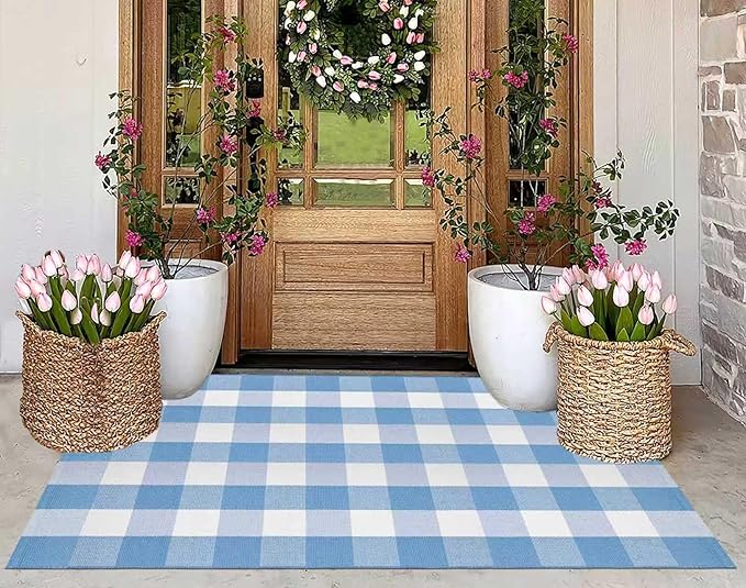 Buffalo Plaid Rug 3'x 5' Light Blue and White Checkered Porch Rug Cotton Woven Washable Layering Door Mat for Welcome Door Mat Porch Entryway Bedroom Living Room