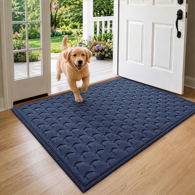 DEXI Front Door Mat Outside Entrance, 2x4 Heavy Duty Entry Doormat Dirt Trapper with Rubber Back, Non Slip Low Profile Floor Mats for Entryway Exterior Patio, Navy Blue