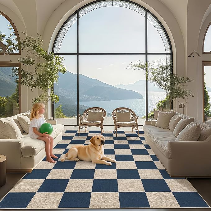 GarveeHome Easy Jute 8x10 Area Rugs for Living Room Checkered Rugs Machine Washable Non-Slip Backing Indoor Outdoor Carpets for Farmhouse Dining Room Nursery Patio Navy Blue