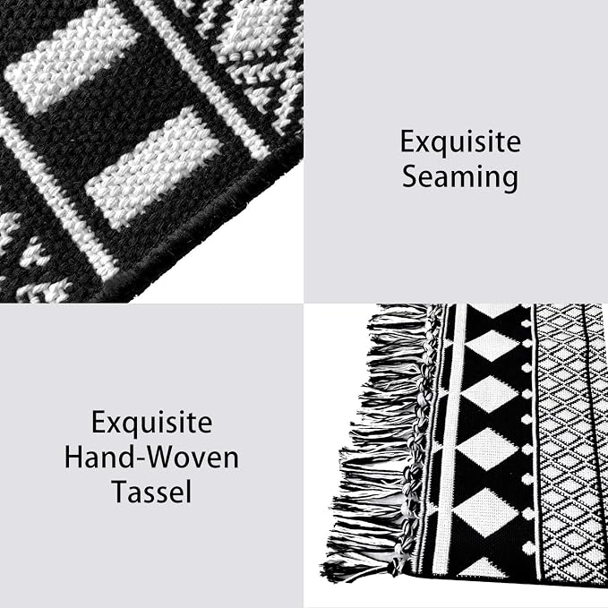 IOHOUZE Black Boho Area Rug - 4'x6' Cotton Woven Indoor Outdoor Doormat, Black White Runners for Hallways, Machine Washable Runner Rug for Kitchen Bedroom Living Room Laundry Entryway