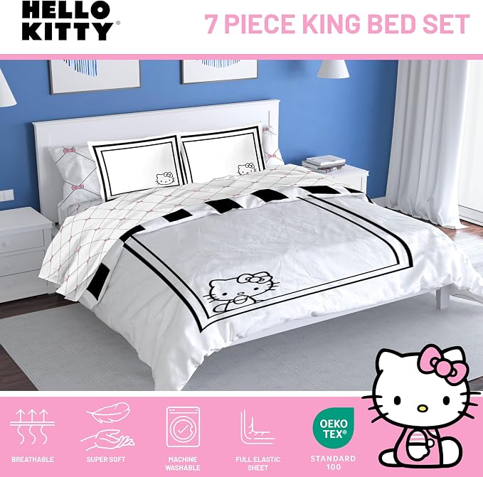 Sanrio Hello Kitty King Comforter Set 7 Piece Bedding for Girls, White | Bed in a Bag, Comforter Sheets Shams Pillowcases, Official Product, Soft Microfiber, Machine Washable, Girls Gift