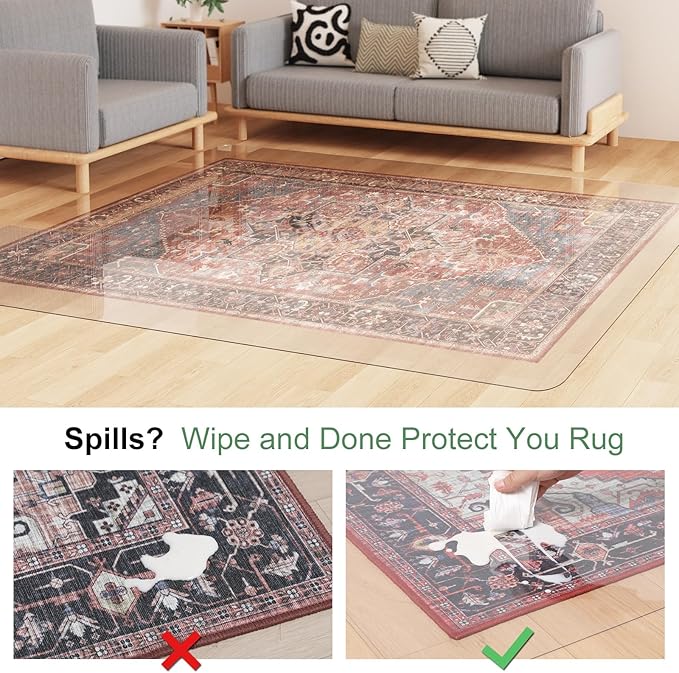 Crystal Clear Floor Mat 8×12ft, Upgraded Easy Flat Waterproof Vinyl Rug Cover, Large Stain-Resistant Plastic Area Rug Floor Protector for Kitchen, Dining Room, or High-Traffic Areas