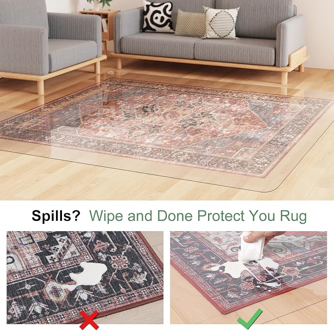 Crystal Clear Floor Mat 5×7ft, Upgraded Easy Flat Waterproof Vinyl Rug Cover, Large Stain-Resistant Plastic Area Rug Floor Protector for Kitchen, Dining Room, High-Traffic Areas