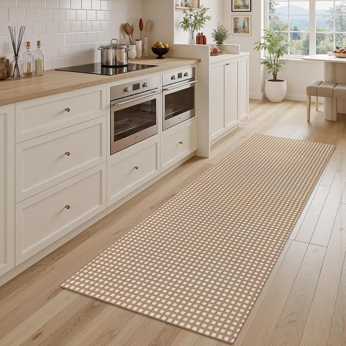 Rugalia Washable Woven Indoor Outdoor Runner Rug 2x6, Camel Cotton Rug Runners for Hallway Non-Slip Long Kitchen Mat, Modern Plaid Neutral Throw Runner Carpet for Entry Porch Patio Bedroom