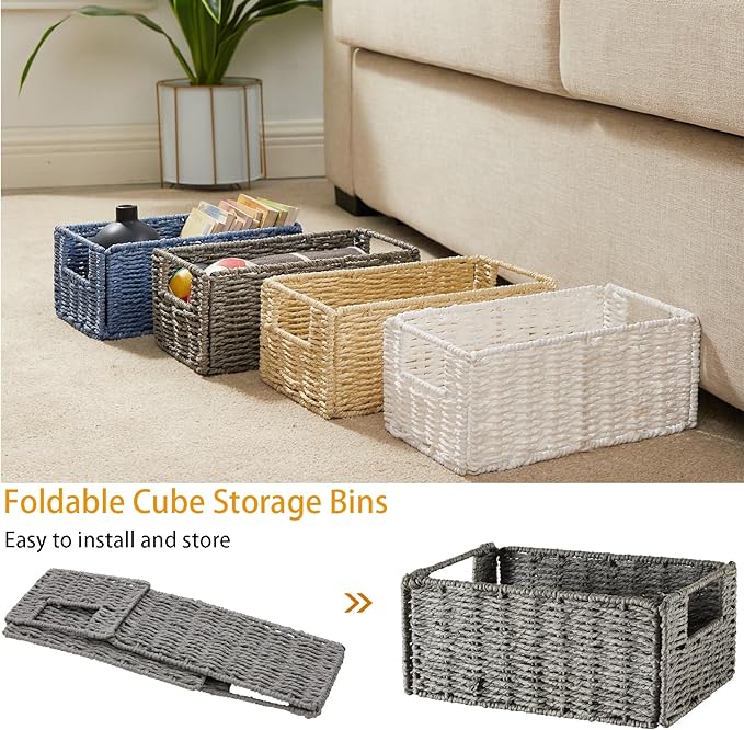 Vagusicc Wicker Storage Basket, Set of 2 Hand-Woven Paper Rope Wicker Basket, Small Storage Baskets for Organizing Toilet Paper Basket, Foldable Large Cube Storage Organizer Bins for Shelves (Grey)
