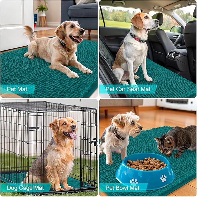 OLANLY Dog Door Mat for Muddy Paws 47x24, Absorbs Moisture and Dirt, Absorbent Non-Slip Washable Doormat, Quick Dry Chenille Mud Mat for Dogs, Entry Indoor Entryway Carpet for Inside Floor, Lake Blue