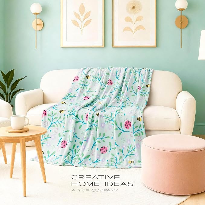 Oversized Plush Throw Blanket 60" x 70", Bees and Lady Bugs