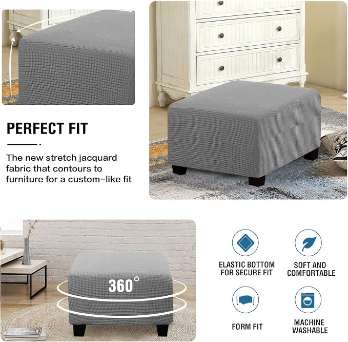 H.VERSAILTEX Square Ottoman Covers Ottoman Slipcovers Folding Storage Stool Furniture Protector Form Fit with Elastic Bottom, Stretch High Spandex Small Checks Jacquard Fabric(Large,Dove)