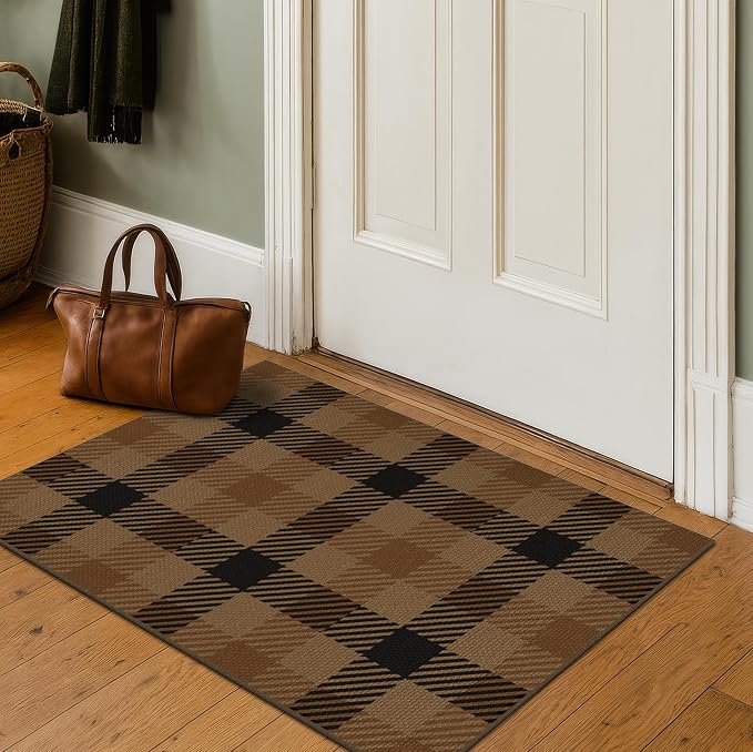 2x3 Entryway Door Mat Indoor Outdoor– Washable Non Slip Small Rug for Front Door, Back Door, Kitchen Sink, Mudroom, Garage Entry, Low Profile Easy Clean Farmhouse Cottage Plaid Floor Mat