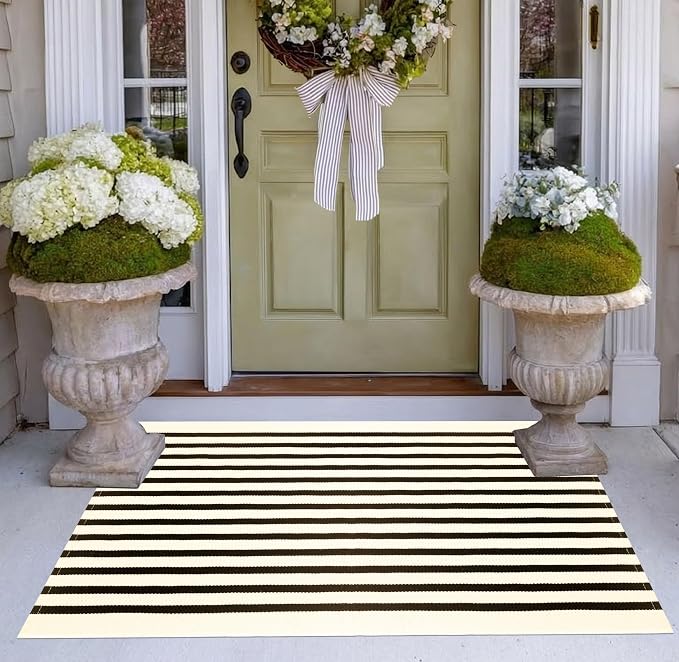 Black and Beige Layered Doormat,2x3 ft Striped Small Outdoor Porch Rug Cotton Woven Washable Farmhouse Layered Door Mats for Entryway/Porch Decor/Kitchen/Home Entrance