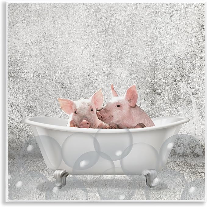 Baby Piglets Bath Time Animal, 12 x 12 Inch Mounted Print on Wall Plaque | Stupell Industries | 12 x 12 Inches, Easy to Hang and Sturdy, Made in USA, by Kim Allen