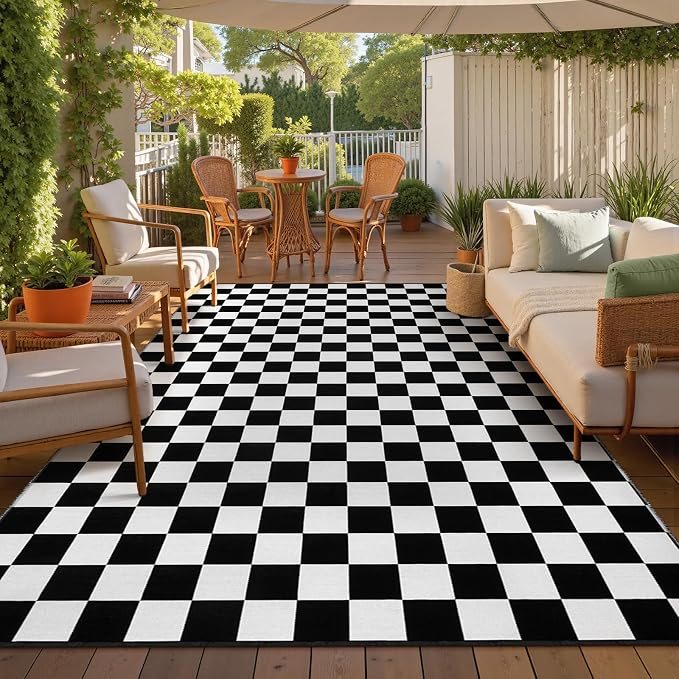 Seavish Checkered Rug, 5x8 Ft Black and White Checkerboard Outdoor Rug | Retro Lightweight Washable Area Rug, Rustic Floor Carpet Decor for Living Room Bedroom Dining Room Patio Porch