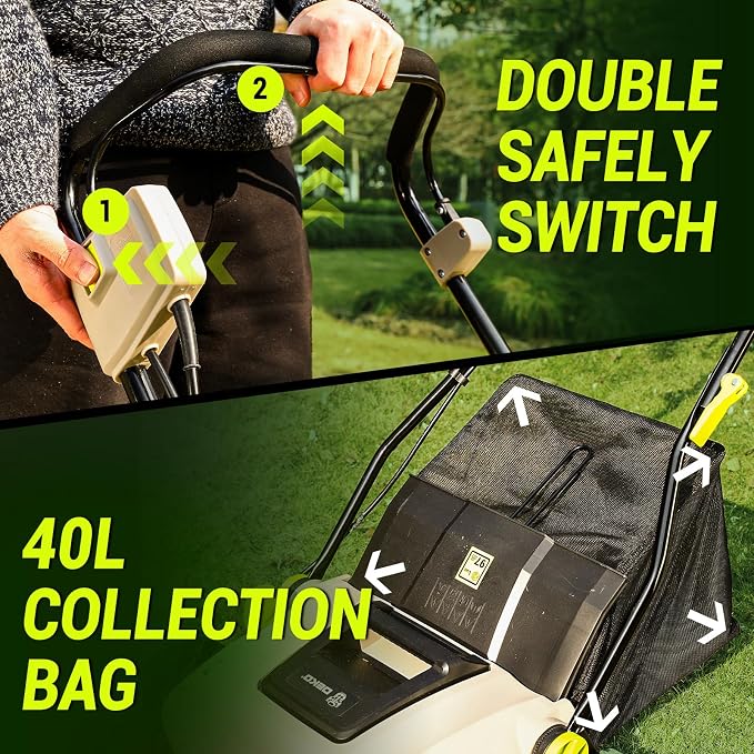 Electric Lawn Dethatcher Scarifier 15 Amp: DEKOPRO 15-inch Lawn Dethatcher and Aerator with 5-Position Depth Adjustment, 40L Collection Bag, 2-in-1 Corded Scarifier for Yard, Spring & Fall Lawn Care
