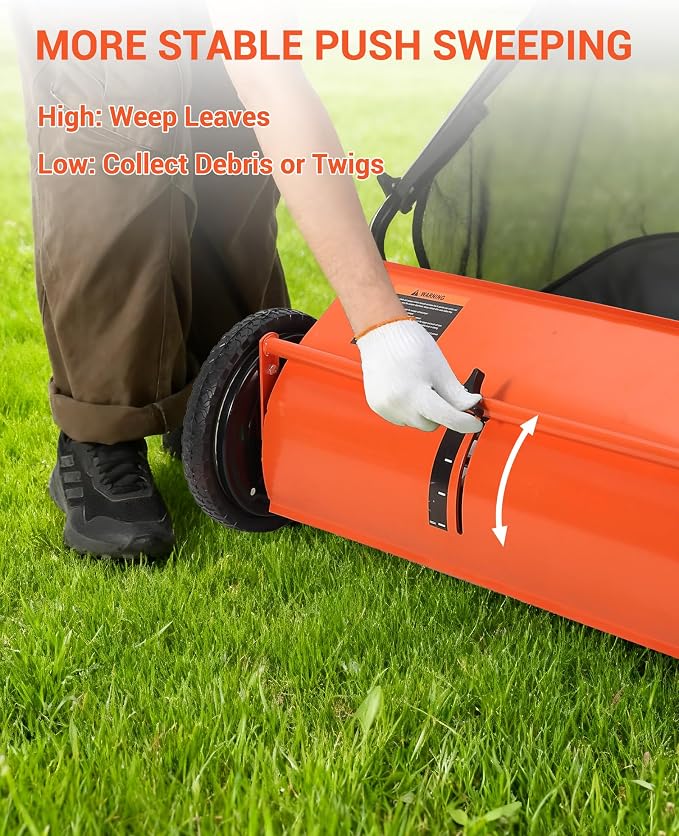 Push Lawn Sweeper for Leaves, 26" Width Heavy Duty Steel Frame Grass Catcher with 7 Cu. Ft. Hopper Bag & 4 Spinning Brushes for Yard and Garden Cleanup, Orange