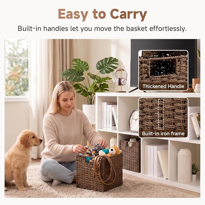 StorageWorks 11 inch Cube Storage Bins,Wicker Storage Cubes 11x11x11,Brown | 2-Pack,Handwoven Square Cubes Baskets,Foldable Paper Rope Baskets for Organizing,Square Baskets,Wicker Basket for Storage