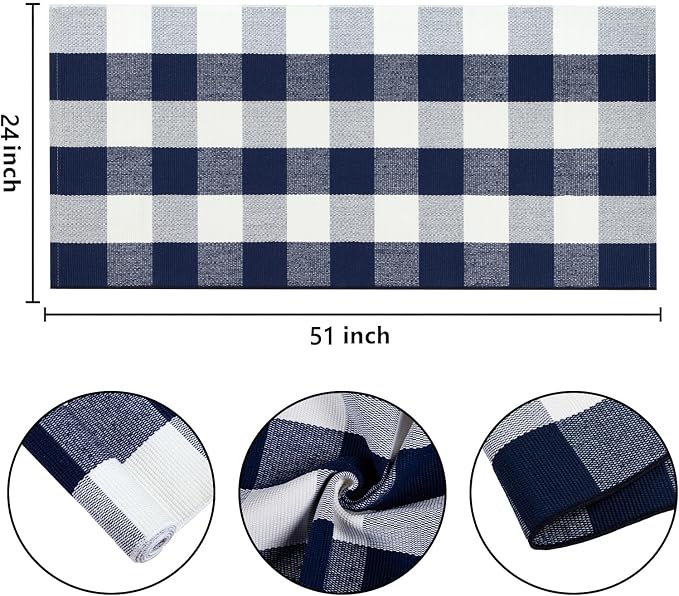 Blue and White Outdoor Rug 24''x 51''Buffalo Plaid Checkered Front Porch Rug Woven Machine Washable Farmhouse Door Mats Outdoor for Hello/Welcome Mat,Entryway,Bedroom,Patio