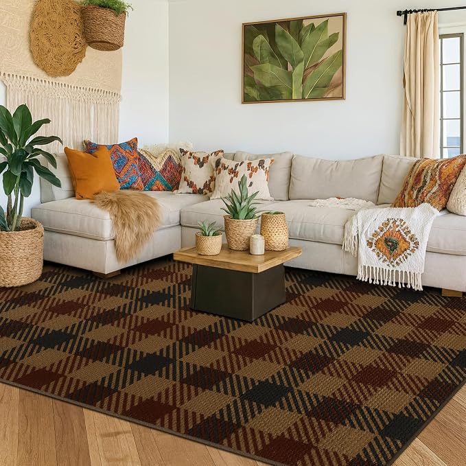 5x7 Farmhouse Mudroom Rug – Washable Non Slip Large Entryway Area Rug for Back Door, Garage Entrance, Durable Indoor Outdoor Style Plaid Rug for Kitchen Dining Room, Dark Brown