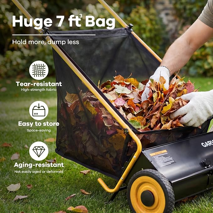 Garvee Push Lawn Sweeper, 26 in Leaf & Grass Collector with 7 cu. ft. Hopper Bag, Heavy Duty Yard Sweeper with Clear Dust Cover & Large Collection Bag for Lawn Yard Cleanup