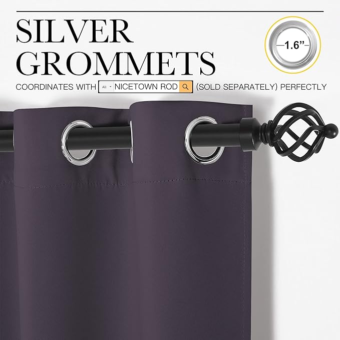 NICETOWN Bedroom Curtains Blackout Drapery Panels, 2 Panels, 70 x 108 inches, Greyish Purple, Three Pass Microfiber Thermal Insulated Solid Ring Top Blackout Window Curtains/Drapes