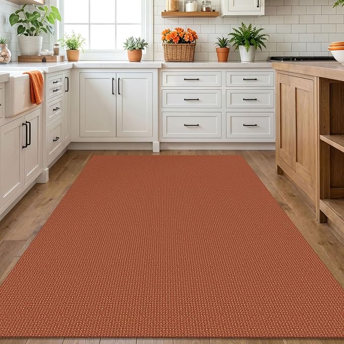 IOHOUZE Washable Area Rug 5x7 Non Slip Rubber Backed Rugs for Living Room, Dining Room Rugs Bedroom Rug, Woven Indoor Floor Carpet for Living Room Nursery Office, Burnt Orange/Tan