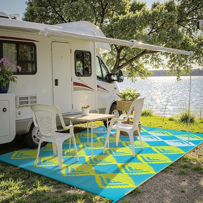 Lahome Waterproof Outdoor Patio Rug 9x12, Reversible Large Outdoor Area Rug for Patios, Camping Rugs for Beach RV Backyard Deck Picnic Trailer (Blue/Yellow, 9' x 12')
