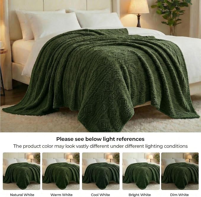 SUPERIOR Fleece Boho Jacquard Blanket, Decorative Blankets for Bedroom, Sofa, Fuzzy, Plush, Fluffy, Soft, Cute Room Decor, Beautiful Cover, Comfort Essentials, Arctic Collection, Throw XL, Green