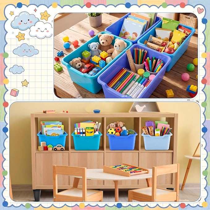 Dandat 32 Pcs Plastic Book Bins for Classroom Library Cubby Bins Scoop Front Stackable Toy Storage Tubs Containers for School Office Home Nursery Playroom Organization (Blue Series)
